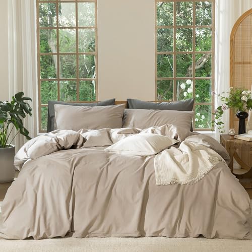 MooMee Bedding Duvet Cover Set 100% Washed Cotton Linen Like Textured Breathable Durable Soft Comfy (Heathered Taupe, Oversized Queen 98"x98")