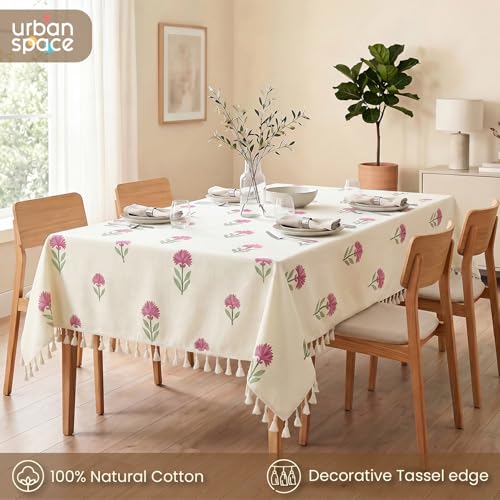 Image of Urban Space 100% Cotton Dining Table Cover for 6 Seater, Printed Cotton Table Cloth for Center Table, Dining Room Table Cover with Tassels 48 inch X 92 inch (Aster Pink, 6 Seater)