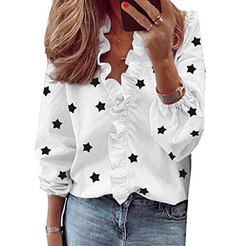 soAR9opeoF SoFull Women's Shirt Blouse, Office Lady V Neck Short Sleeve Stars Print Ruffled Edge Casual Blouse T-Shirt White XXL