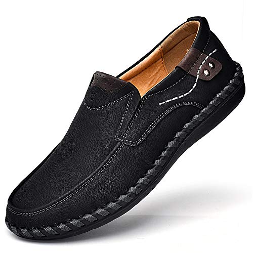 Lightweight Breathable Hand-Made Loafers for Men Microfiber Leather Anti-Slip Flat Casual Shoes Lined Slip-on Round Toe(Black,10 M US)3