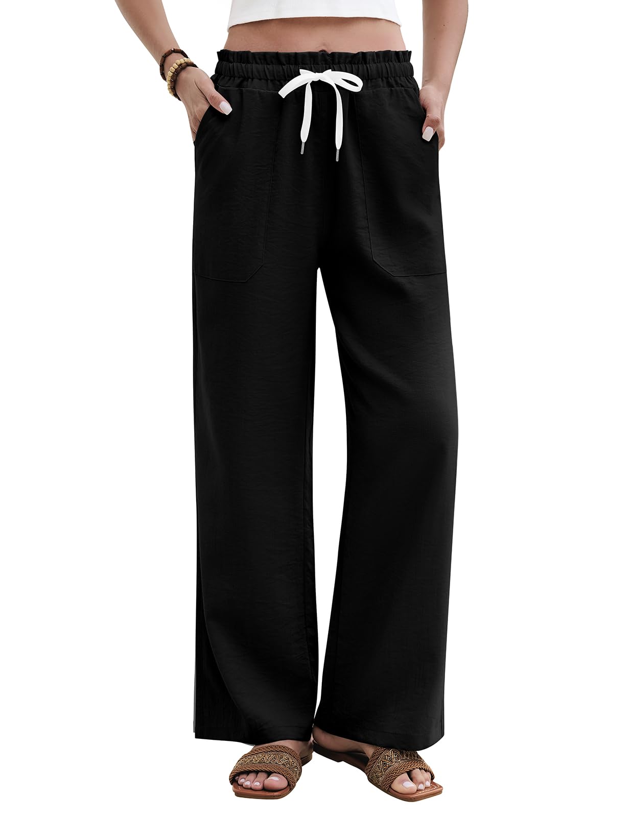 heekpek Pantalon Leger Ete Femme Fluide Taille Haute Elastique Ample Pantalons Detente Pantalon Droit Femme Chic et Elegant avec 4 Poches