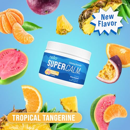 Image of Nello Supercalm Powdered Drink Mix Tub, Cortisol Reducer* and Sleep Aid Supplement, L Theanine, Ksm-66 Ashwagandha, Magnesium Glycinate, Vitamin D 3, No Sugar, Non GMO, 30 Ct, Tropical Tangerine