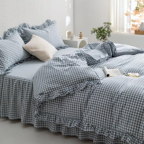 Image of MKXI Blue and White Gingham Duvet Cover Queen Size, 3-Piece Bedding Set with Ruffles - 100% Soft Washed Cotton, Crisp Breathable - Nautical Coastal Classic Style Comforter Cover