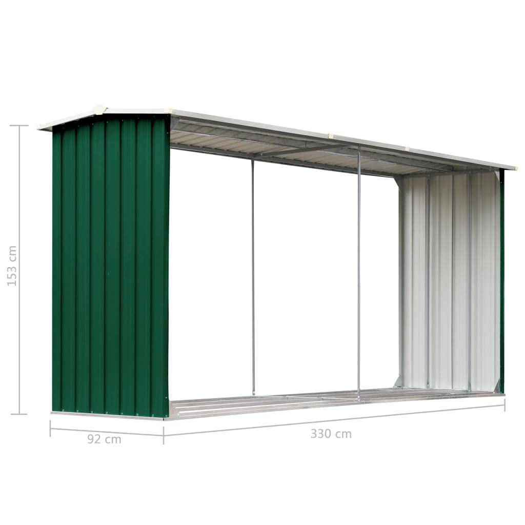 KOIECETA Soporte para leña para leña, soporte para leña, soporte para leña, soporte para leña, rodamiento de madera, acero galvanizado, 330 x 92 x 153 cm (verde)