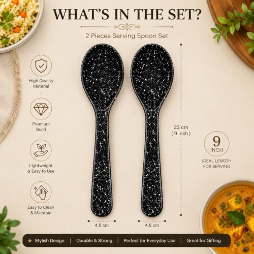 Image of Melvio By Malti Black Granite 2 Piece Serving Spoon | Melamine Dinnerware Set, Premium Dinner Set Crockery Plates Bowls Tableware for Home Dining Kitchen