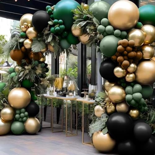 Image of Green and Brown Balloon, 60Pcs 12Inch Dark Green Black Metallic Gold Latex Balloon, Metallic Avocado Tan Chrome Gold Balloons for Camo Camping Game Army Jungle Safari Theme Birthday Party Decor