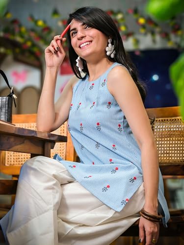 Image of Youthnic Women's Cotton Embroidered And Stripes Work Summer Wear Straight Kurti With farshi Salwar | Co Ord Set for Women Stylish | Office wear Kurta Set
