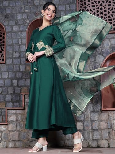 Image of EthnicJunction Women's Cotton Silk Embroidered Anarkali Kurta Palazzo with Digital Print Dupatta Set
