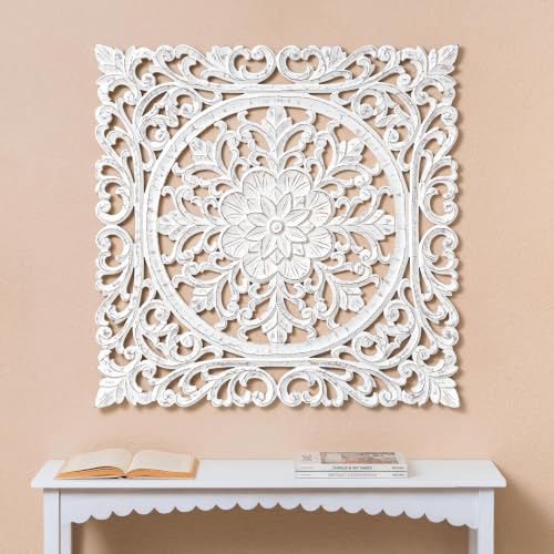 Image of JFY Designs Kaska Hand Carved Wood Medallion Wall Panels Bedroom Decor | Wall Mount Floral Sculpture Wall Art for Living Room, Bedroom Set, White Distressed Finish, Square 36 x 36 inch