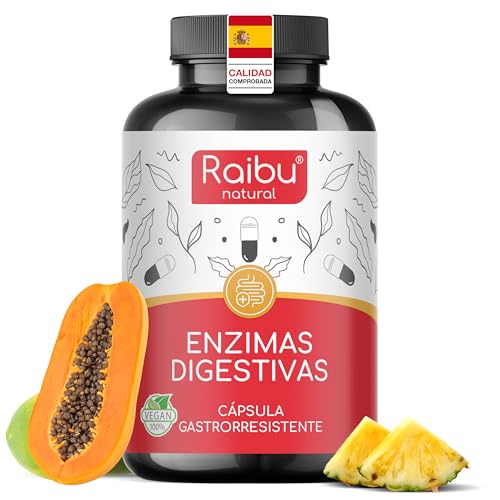 Enzimas Digestivas con Probióticos – Cápsulas Gastroresistentes con Lactasa, Bromelina, Amilasa, Proteasa, Lipasa y Papaína – Sin Aditivos, Alta Concentración, Vegano – 90 Cápsulas, Raibu