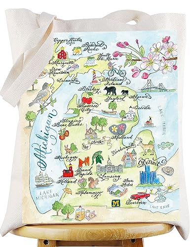 Image of WZMPA Michigan State Map Tote Bag - Michigan Souvenir Gift, Vacation & Trip Shoulder Bag