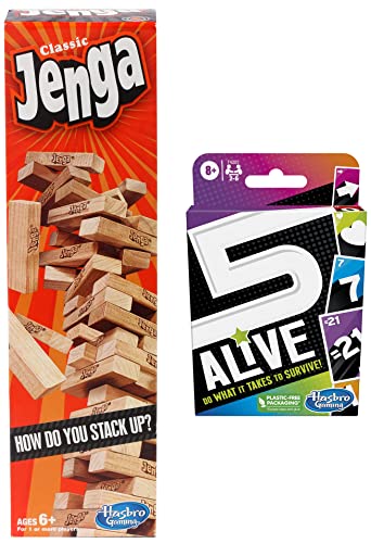 Image of Hasbro Gaming Classic Jenga, Hardwood Blocks, Stacking Tower Game for Kids Ages 6 and Up, 1 or More Players & 5 Alive Card Game, Fast-Paced Kids Game, Easy to Learn, Fun Family Game for Ages 8 and Up