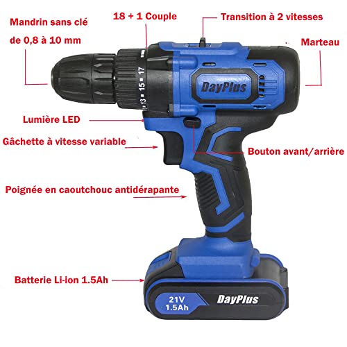 Akku-Schlagbohrschrauber 45Nm, 21V 2x1,5Ah Li-Ion Akkus, Elektro-Schraubendreher, Bohrschrauber, Schnellladegerät, Höchstgeschwindigkeit 2900 U/min, 2 Geschwindigkeiten, LED Licht – Bild 3