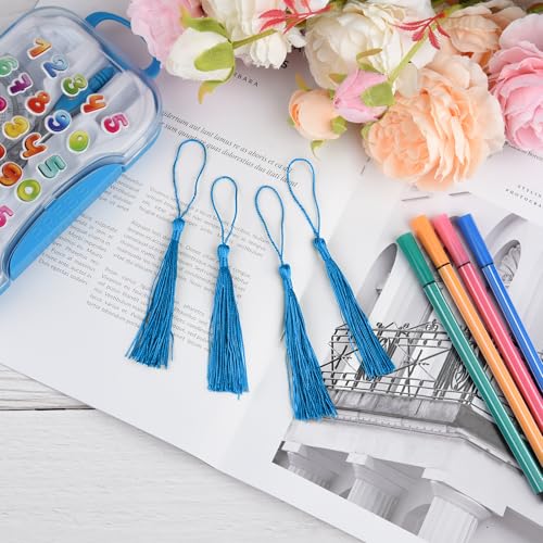 Image of 100 Pcs Bookmark Tassels Bulk Lake Blue Soft Craft Silky Handmade Mini Tassels for Jewelry Making with Loops for DIY Craft Accessory Dress Decoration