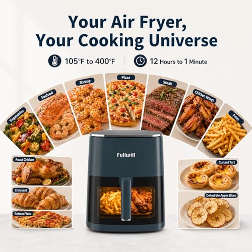 Image of Fullwill 6QT Air Fryer w /Window, 12-in-1: Fry,Roast,Bake,Dehydrate,Fries. Nonstick, Dishwasher-Safe Basket. Family /Friends Party. Max 400F,1700W,Dark Blue