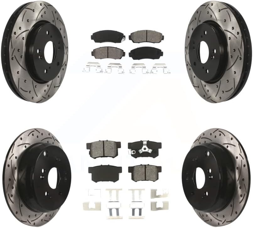 Transit Auto - Front Rear Coated Drilled Slotted Disc Brake Rotors And Semi-Metallic Pads Kit For Honda CR-V Acura RDX KDS-100289