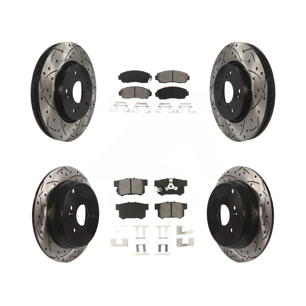 Transit Auto - Front Rear Coated Drilled Slotted Disc Brake Rotors And Semi-Metallic Pads Kit For Honda CR-V Acura RDX KDS-100289