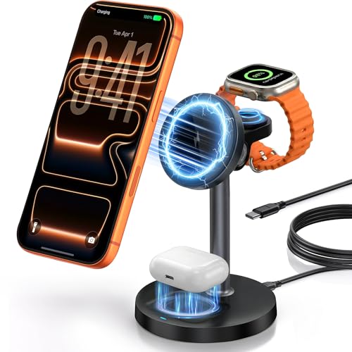 Garlo 3 in 1 Wireless Charger Station for Apple iPhone & Airpods & Watch with MagSafe Charger Stand 15W Magnetic Fast Charging Stand Wireless Charger Station for Samsung & iPhone 17 16 15 14 13 12