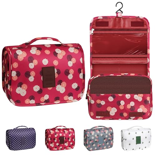 Image of Toiletry Bag Travel Bag with Hanging Hook,Wine Red FLower | Waterproof Small Capacity Hanging Makeup Bag for Toiletries, Portable Cosmetic Bag Travel Organizer for Women Men