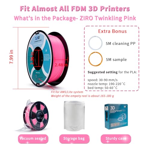Image of ZIRO Sparkle PLA Filament 1.75mm, Shiny Glitter with Transluent PLA Base, Twinkling 3D Printer Filament, Galaxy Colorful Printing Material, 1kg /2.2lbs Spool, Twinkling Pink