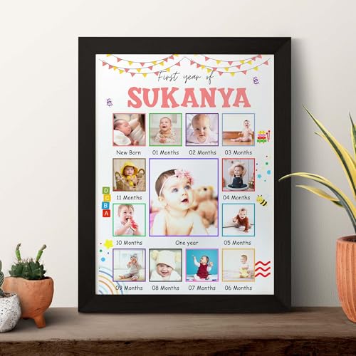 Image of ASHVAH 12 Months Baby Girl Photo Frame 01st Birthday One Year Personalized 12 Images With Texts Best Gift (BABY 12 MONTH) - A3 Size
