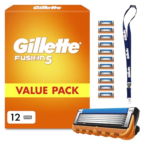 Gillette Lames de Rasoir Homme Fusion 5, Pack de 12 et Tour de Cou – Cartouches Longue Durée en Acier Inoxydable pour le Rasage des Zones Difficiles, Micro...
