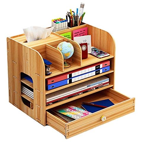 Desk Organiser, Large Desktop Organizer Wooden with Drawer Pen Pencil Holder Storage Box for Desk Office Home and School, 32 * 26 * 22.5 cm (Natural Color) Cover