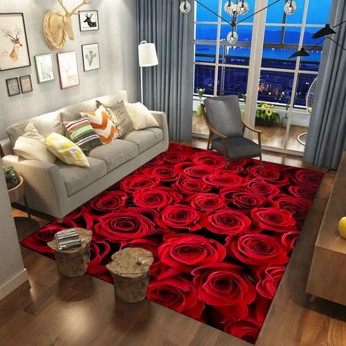 3D Rote Rosenpflanze Gedruckt Musterteppich. Jugendlich Schlafzimmer Themen Dekorative Teppiche, Eingangstürmatten, Saugfähige rutschfeste Badezimmertürmatten 140 X 200 cm -9Q4D7K5