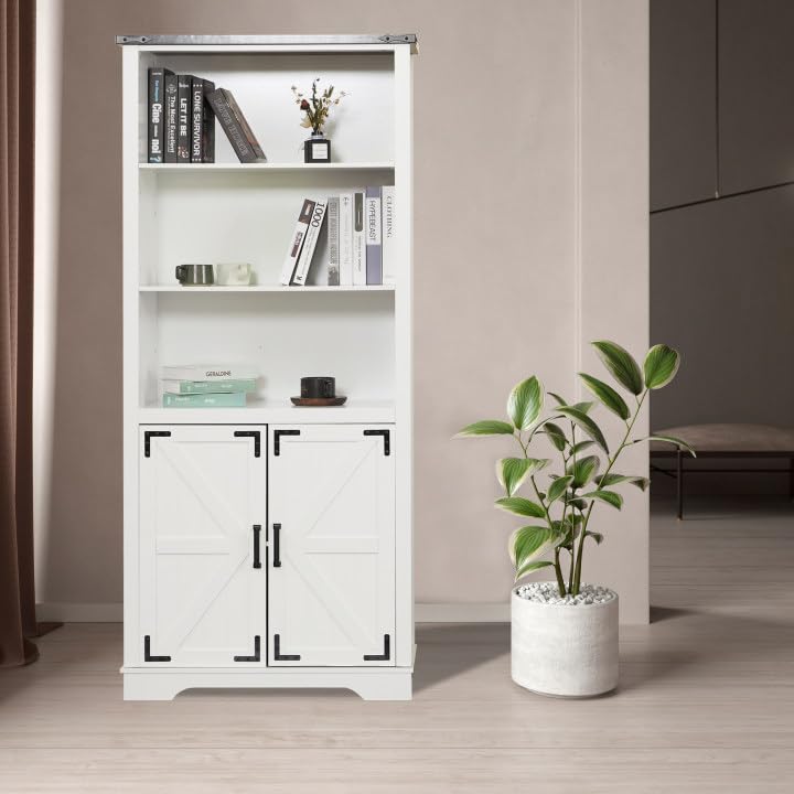 Real Relax Farmhouse Storage Cabinet, Bookcase Storage Cabinet with Doors for Living Room, Bedroom, Kitchen, 5 Shelf Bookshelf White