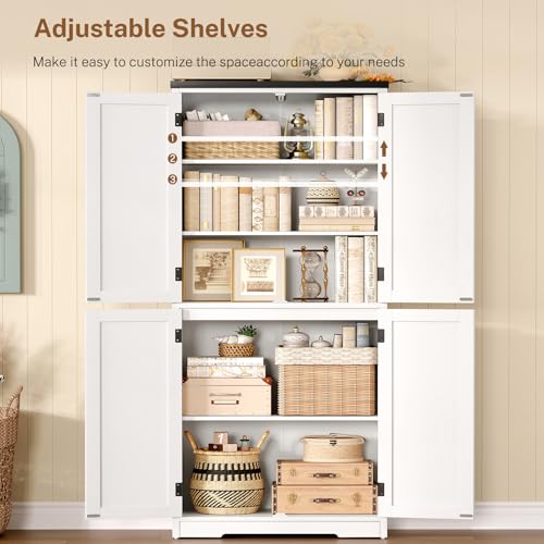 Image of TEENFON 58.5 inch H Storage Cabinet, Farmhouse Kitchen Pantry Cabinet with 4 Doors