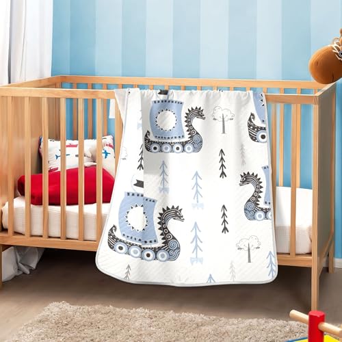 Image of Qilmy Viking Ships Baby Blanket for Boys Girls Kids with Soft Cotton, Cute Cozy Warm Nursery Receiving Swaddle Blanket for Toddler Infant Crib, 30 x 40 Inch