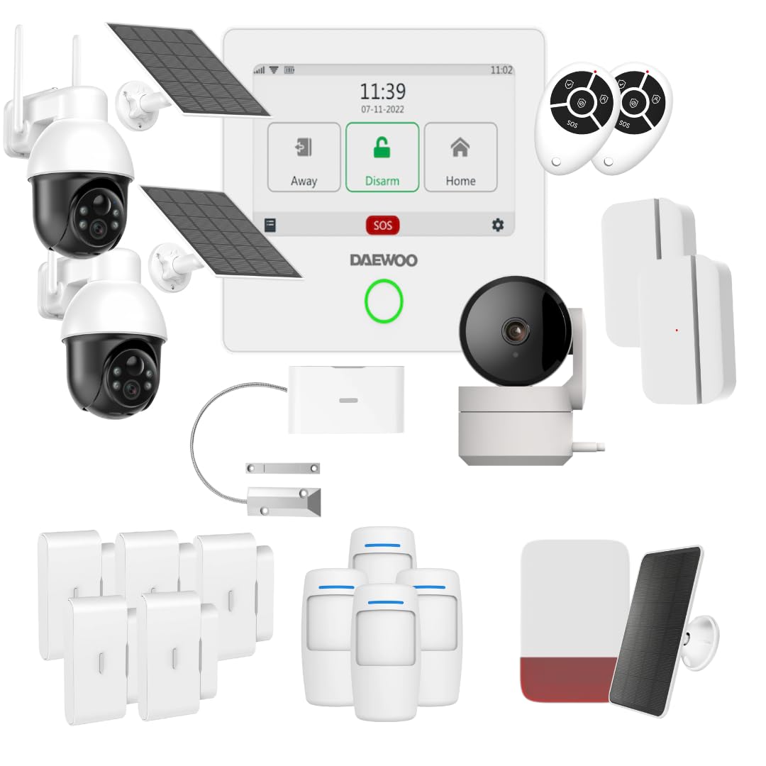 Daewoo Pack Alarme Connectée WiFi/GSM Touch 4,3 Pouces AM504 - Système sans Fil et sans Abonnement, Compatible Animaux, Détecteurs Inclus + Caméra de Surveillance Full HD, Application Mobile Incluse