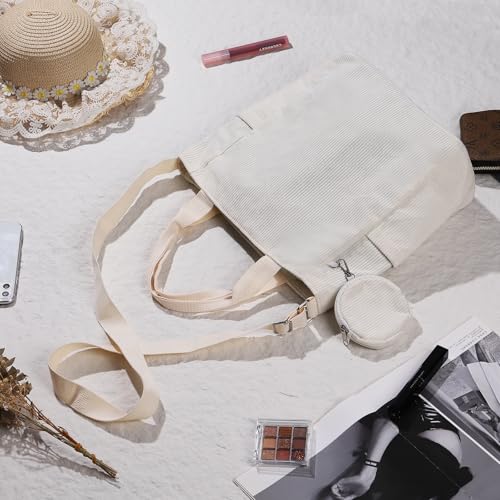 Image of Corduroy Tote Bag with Zipper for Women Teen Girls Medium Messenger Bag Hobo Handbag for Casual Work Shopping (Beige)