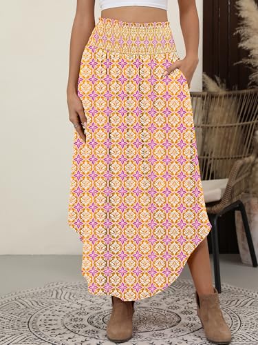 Image of ANRABESS Women's Maxi Skirts Summer Boho Floral High Waisted Flowy Swing Pleated Beach Long Skirt with Pockets