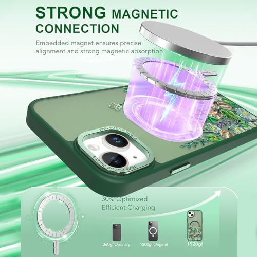 Image of Magnetic for iPhone 15 Plus Case with for Women, Green Floral | Pretty Oil Painting Flower Pattern Design [Compatible with MagSafe] Shockproof Slim Translucent Matte Non-Slip Cover