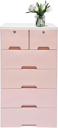 Cómoda de 6 cajones con ruedas y cerradura, armario de almacenamiento de ropa de plástico, organizador moderno para dormitorio, armario, organizador