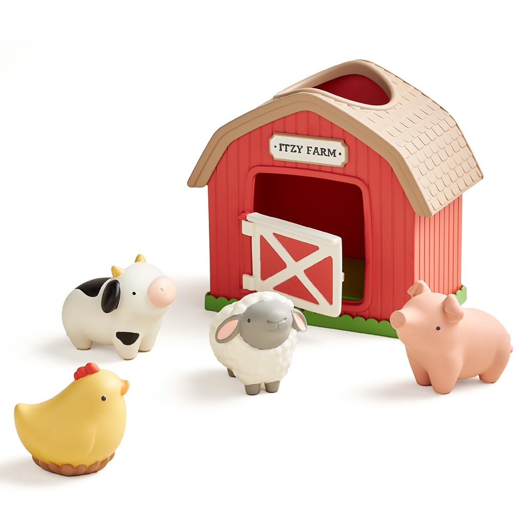 Itzy Ritzy Put & Take Activity Toy – Spill & Fill Sensory Toy with 4 Squeezable Barnyard-Themed Pieces for Infants & Toddlers – Great for Sorting,