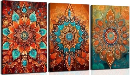 3Pcs Boho Mandala Floral Canvas Wall Art Modern Plants Colorful
