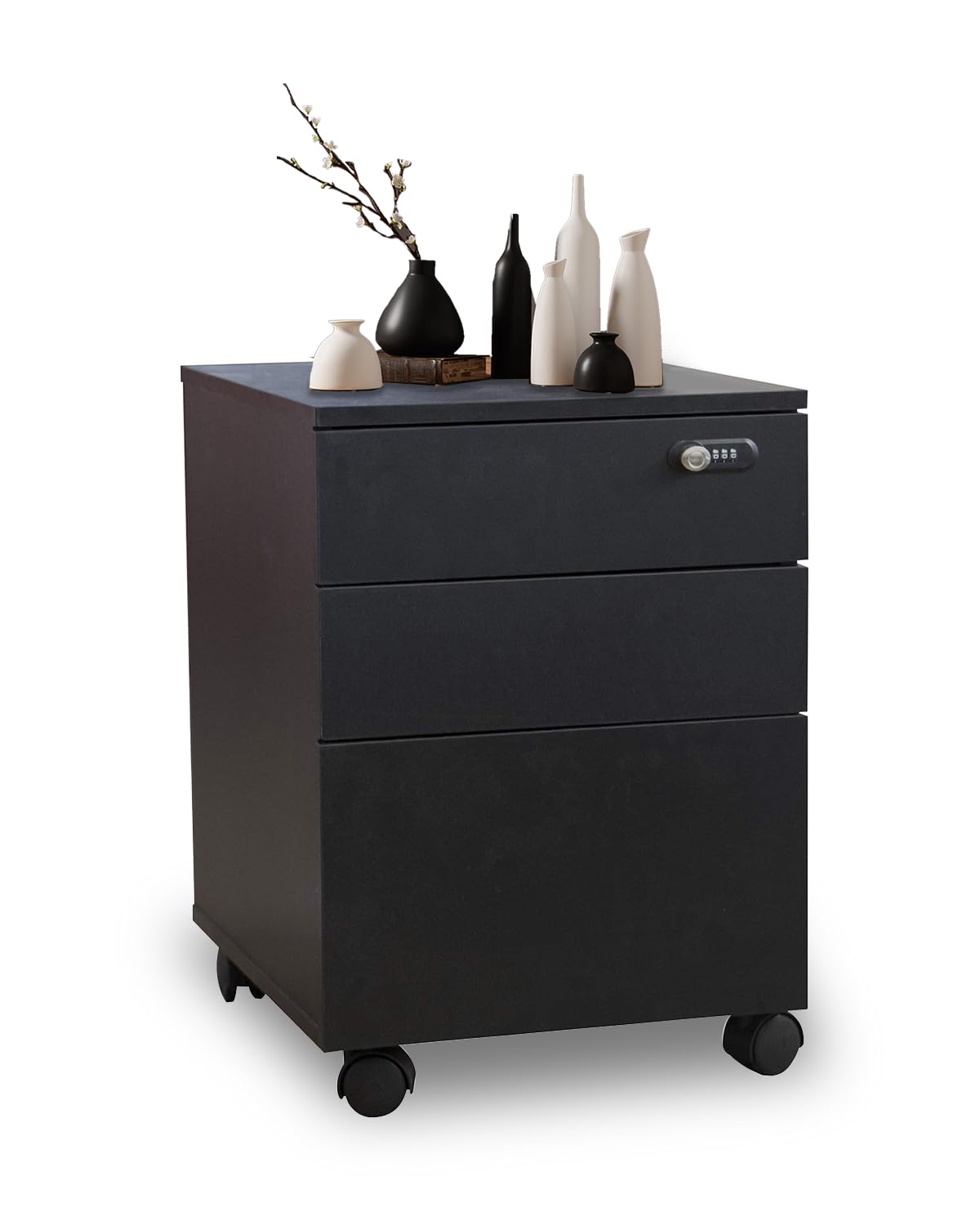 Happy Home Armoire de Classement Mobile à 3 tiroirs Armoires de Classement Verticales Armoire de Rangement en bois avec Serrure pourDdocuments de Bureau, Format A4(Noir)