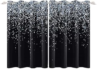 YONGFOTO 117x229cm Black Blackout Curtains Silver Sequin Spots Glitter Shiny Windows Curtain for Room Decor 2 Panels Drapes with Eyelets Home Set, 117cm Wide By 229cm Drop