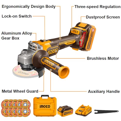 INGCO 20V Brushless Angle Grinder 115mm Cordless Angle Grinder Tools 9000RPM with 1Pcs 4.0Ah Battery and Charger, 10Pcs Cutting Discs for Cutting, Polishing and Sharpening CAGLI211541 3 INGCO 20V Brushless Angle Grinder 115mm Cordless Angle Grinder Tools 9000RPM with 1Pcs 4.0Ah Battery and Charger, 10Pcs Cutting Discs for Cutting, Polishing and Sharpening CAGLI211541 - Image 3