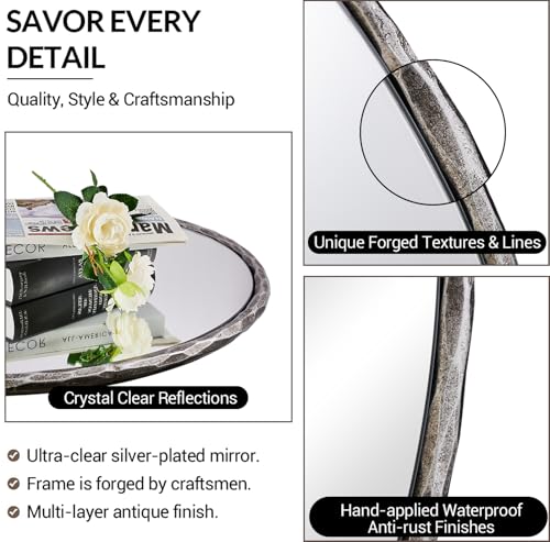 Image of ANDY STAR 30 Inch Bathroom Hammered Round Mirrors, Silver Hand-Forged Circle Wall Mirrors with Metal Frame, Antique Round Mirror for Wall, Livingroom, Entryways, Solid Steel, Anti-Rust