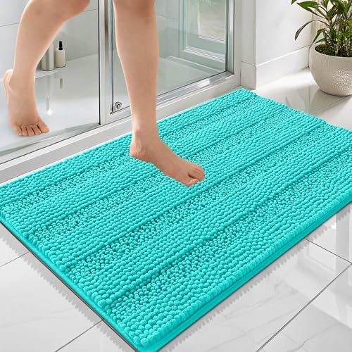 Image of OLANLY Thick Bathroom Rugs 36x24, Extra Soft Absorbent Chenille Striped Bath Rugs, Rubber Backing, Machine Wash Dry, Bath Mats for Bathroom Floor, Tub and Shower, Home Decor Accessories, Teal