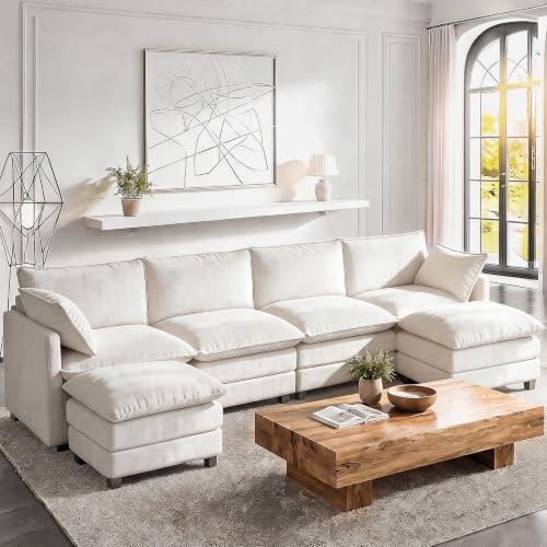 Image of LEVELEVE 146 inch U-Shape Modular Sofa with 2 Ottomans, Deep Seat Cloud Convertible Sleeper, 2 Arm Pillows, Comfortable Large Upholstered Furniture for Living Room Apartment, Beige