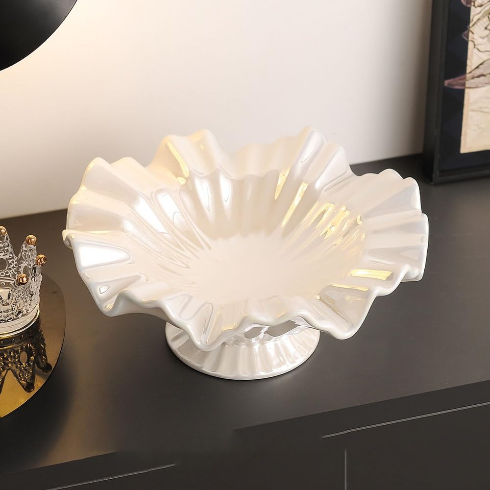 Kosz owoców Miska na owoce z falbaną krawędziach, błyszcząca ceramiczna, do serwowania przekąsek, dekoracja stołu, kuchnia, salon Stojak na warzywa w koszyku owoców(Biały)