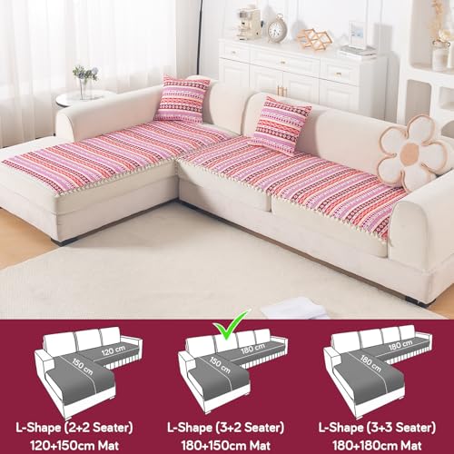 Image of HOKIPO L Shape (3+2 Seater) Sofa Cover Seat Mat | 300 GSM Cotton Acrylic Jacquard Fabric with Tassel, 'Trivana Series' Hot Pink (IN-936+935-J3)