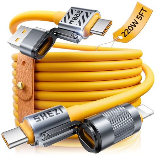 Jixivor 2025 Silicone 4-in-1 USB C Cable 220W Compatible with Lightning Cable Fast Charging & Data Transfer Support to CarPlay & Android Auto 5FT Multi Cord Combo Charger for iPhone/iPad