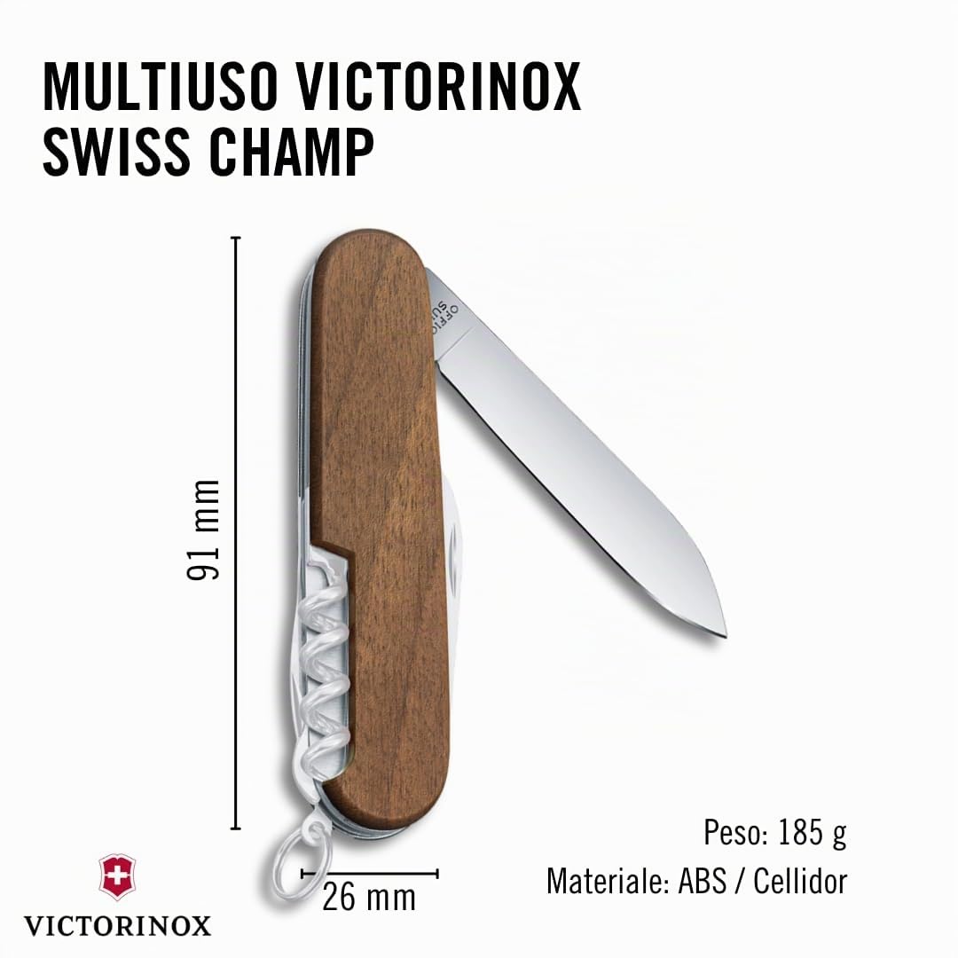 Victorinox Multiuso Swiss Champ Wood, Legno, 29 Funzioni, Made in Switzerland, Multi-strumento con Seghetto per Legno, Forbici, Marrone