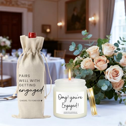 Image of Engaged Gifts Engagement Gifts for Couples Her Engagement Party Decorations | Gift for Couple Wine Bag Scented Candles Set Pairs Well with Getting Engaged Wine Bag Omg Candles