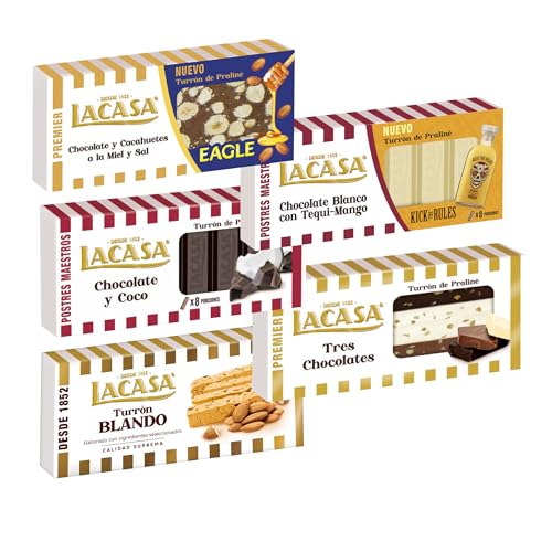 Pack Surtido 5 Turrones Lacasa:Blando, Blanco con Tequi Mango, Chocolate y Coco, Tres Chocolates,Cacahuete Eagle